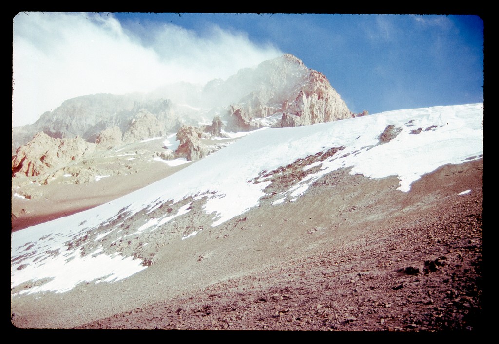 Looking back toward the summit from around 21,500 feet.