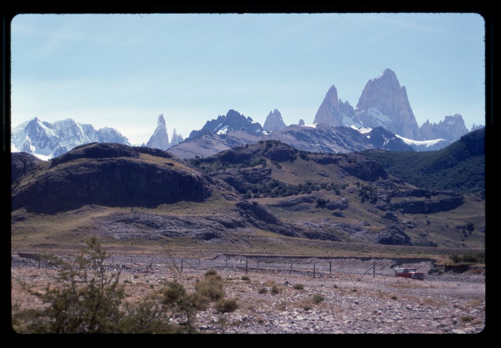 A rare, clear view all the way from Fitzroy on the right to Cerro Torre on the left