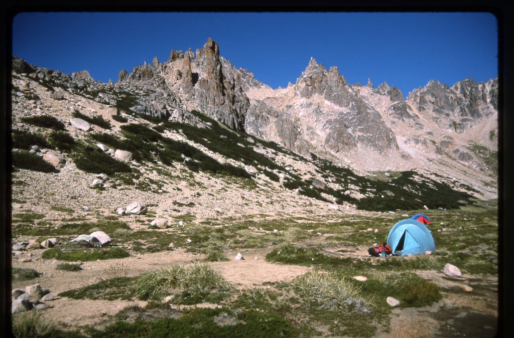 My tent (without rainfly) set up near the shore of Laguna Toncek