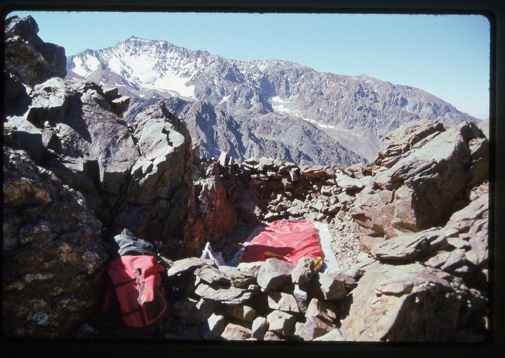 Bivi site at 15,100' on Franke, with Cerro Colorado (17,717') in the background.