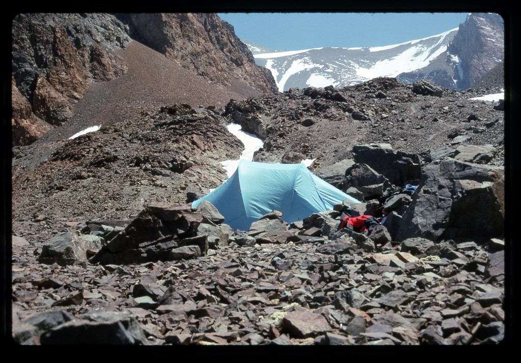 From my campsite at El Salto (15,100'), looking west up to a saddle on the skyline at 18,000'