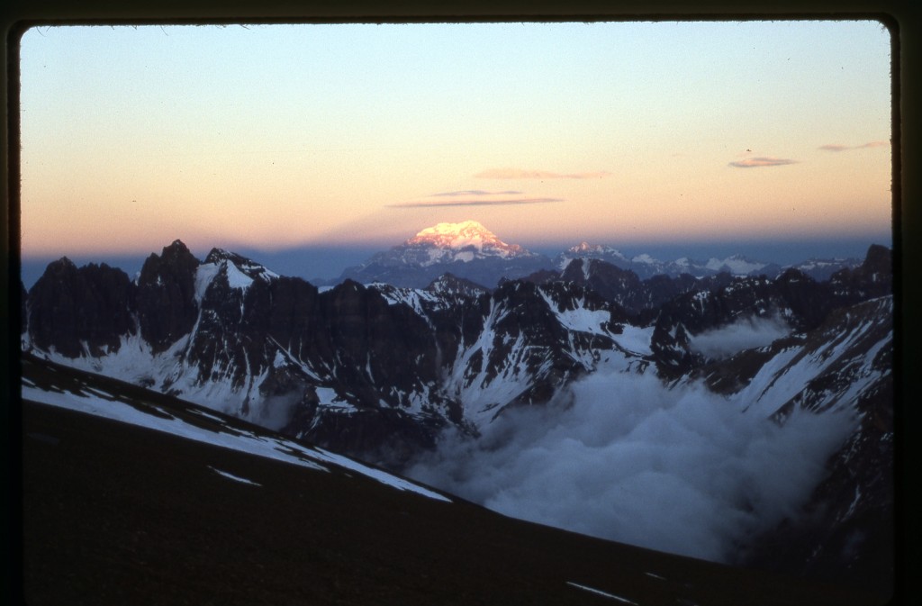 Looking northwest to Aconcagua at sunrise, from the Plata-Vallecitos saddle at around 18,000 feet