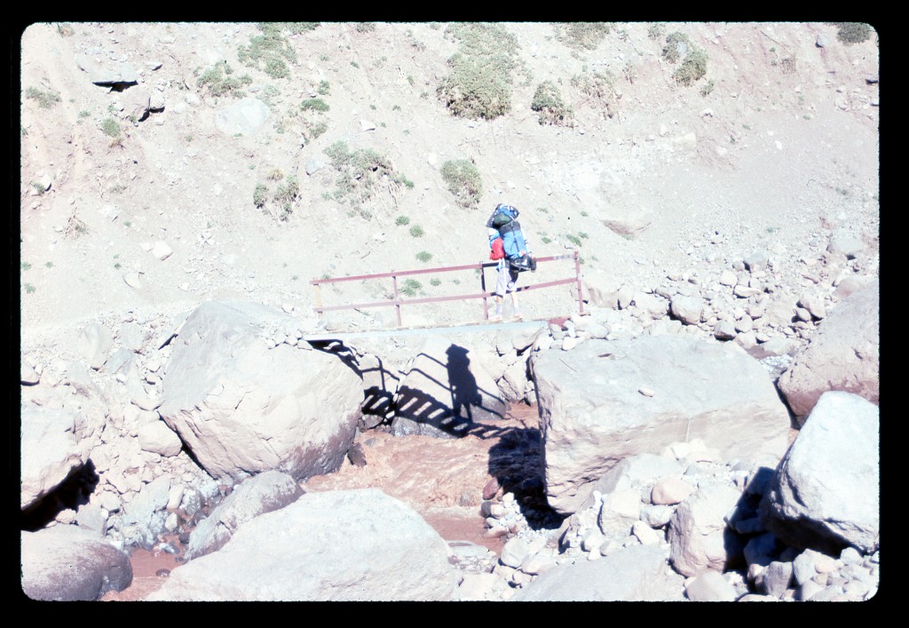 The upper bridge across the Río Horcones Inferior. This branch of the river drains the valley at the base of the enormous 10,000-foot south face of Aconcagua