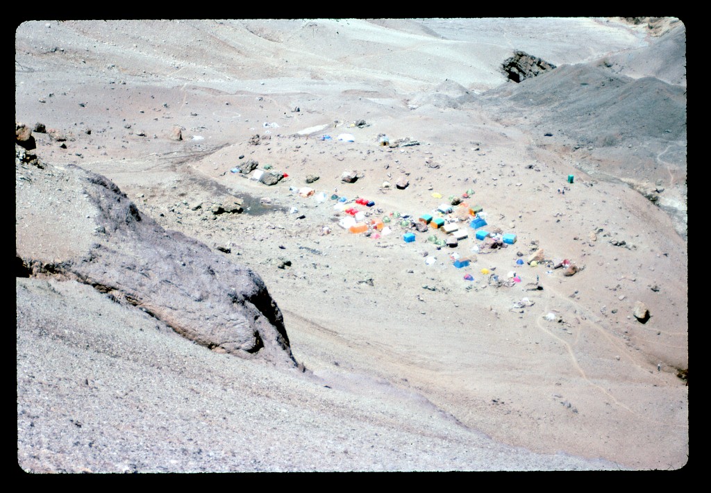 From about 14,500'. looking down on to the base camp. There were about 70 tents there at the time. some of them were large, so the camp probably held about 200 or 300 climbers at the time.