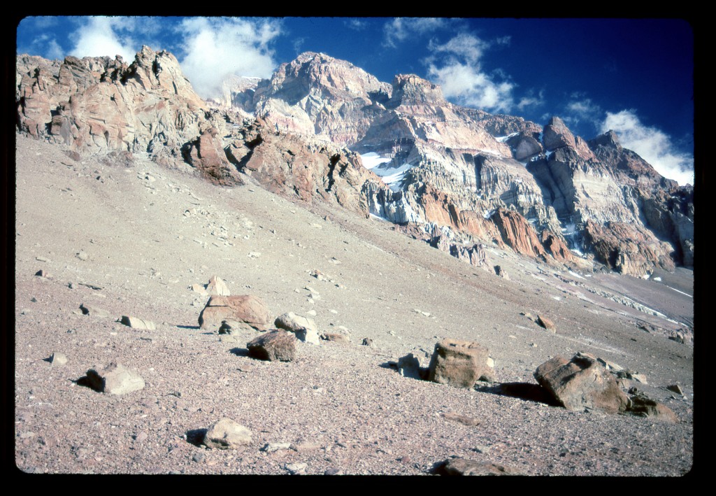 Evening, looking up the west slope of Aconcagua from Plaza Canadá. The summit is still 7,000 feet above me.