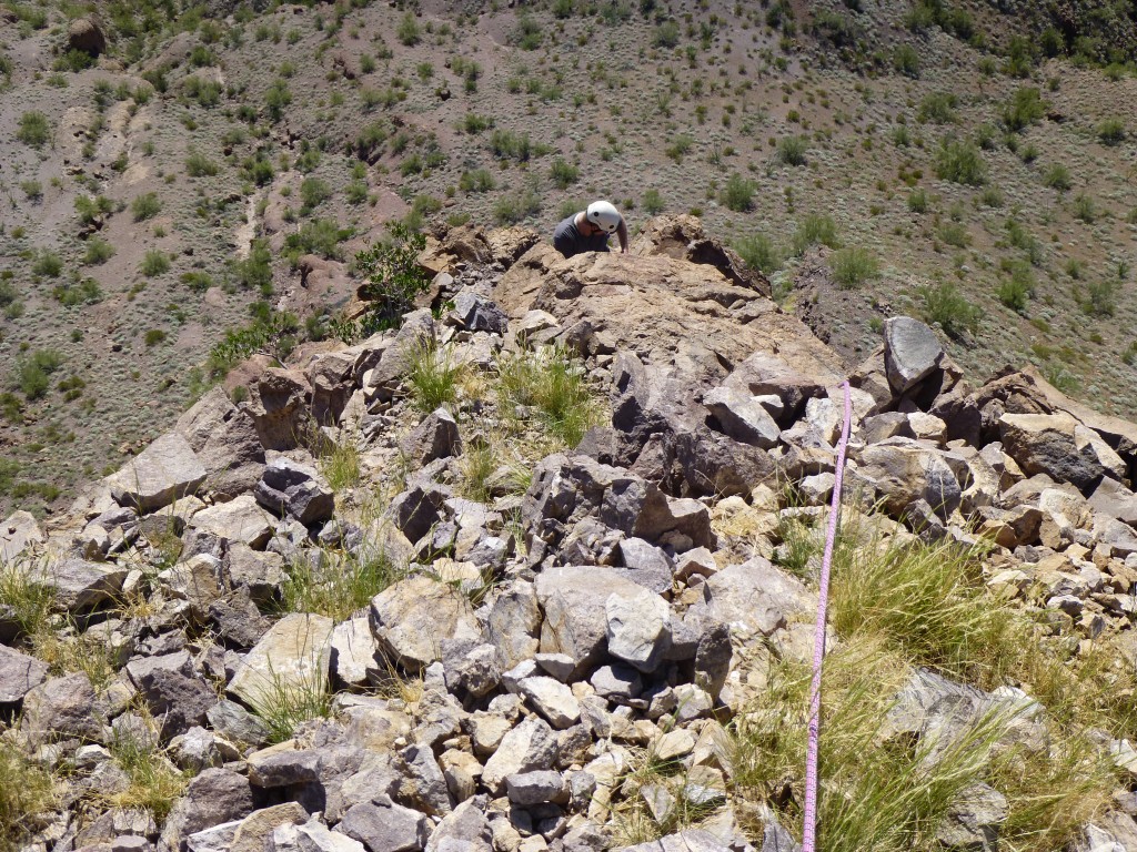 Looking down from the summit to our last anchor.