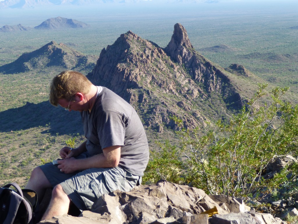 Andy on top of North Ajo Peak. Behind him, one mile to the south, sits Ajo Peak