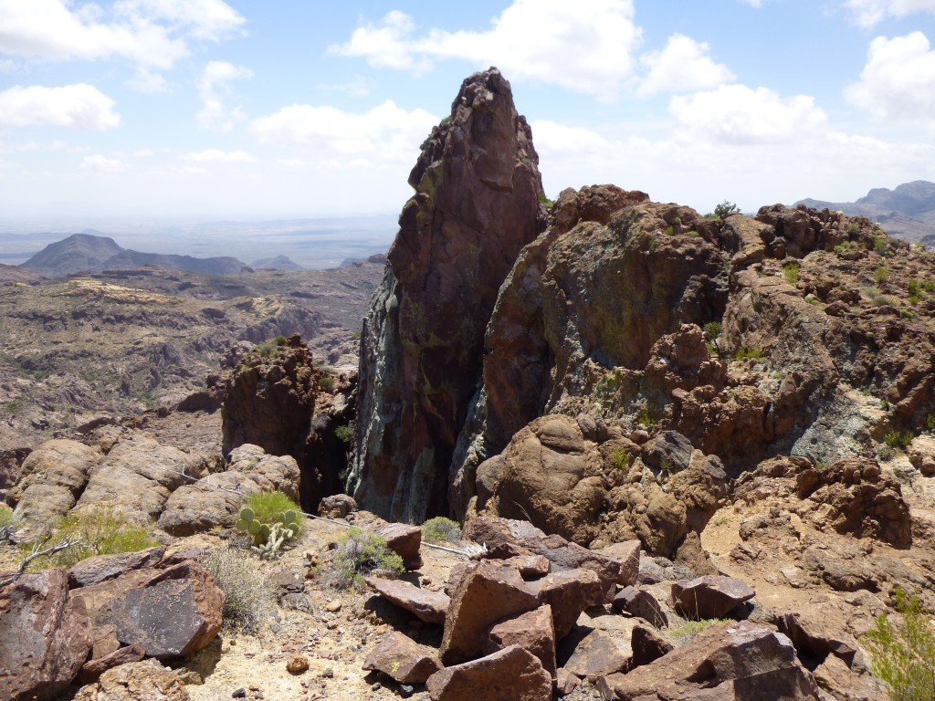 Looking east to the steep tower on the summit ridge