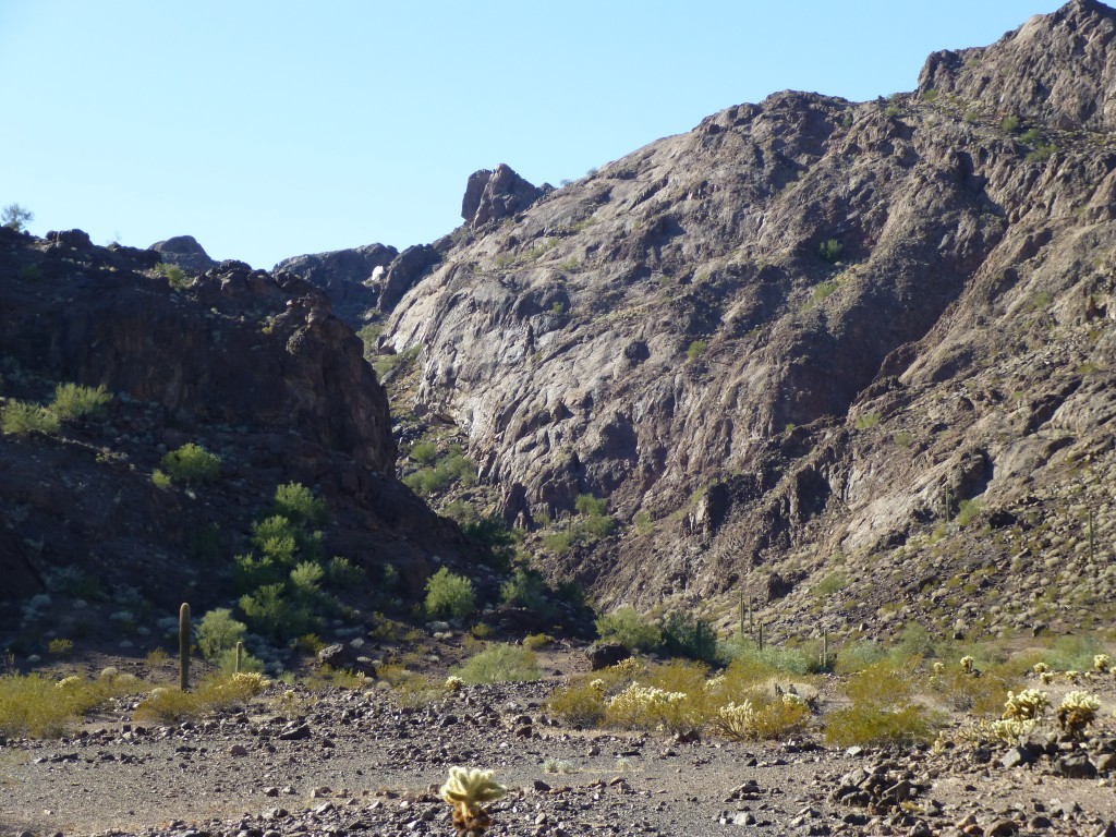 A view back up the canyon. Peak 1715 is the