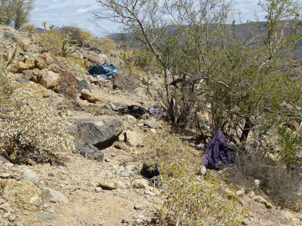 Some of the trash hung up on vegetation near the saddle