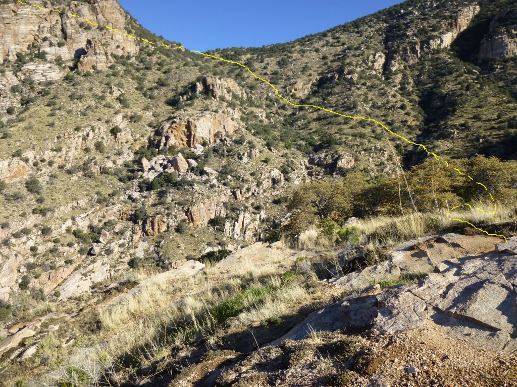 The route of the climber's trail. It drops immediately for 275' (not visible) then climbs across the mountainside to the 6,000' saddle