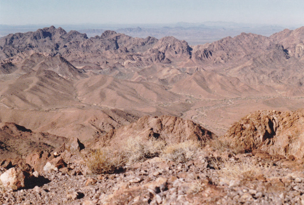Looking west from the summit of Mohave Peak. The saddle I crossed at dawn is just to the right of center on the distant ridge.