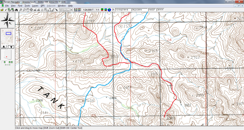 Map showing our climbing route (red) and smuggler's road put in later (blue)